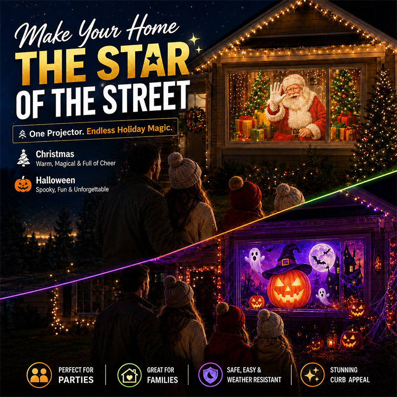 🎃🎄 2-in-1 Holiday Window Projector – 12 Animated Halloween & Christmas Movies