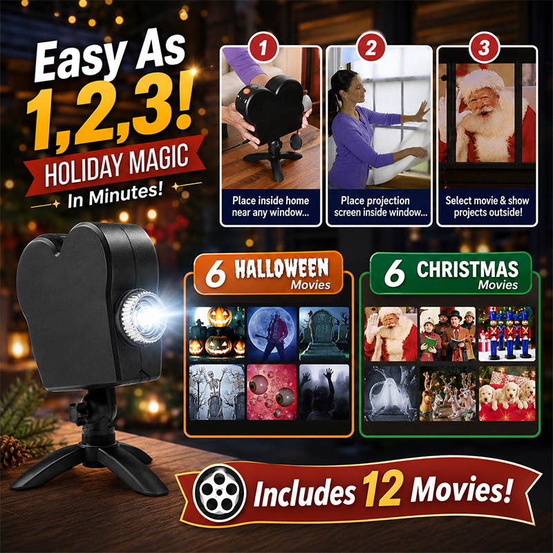 🎃🎄 2-in-1 Holiday Window Projector – 12 Animated Halloween & Christmas Movies
