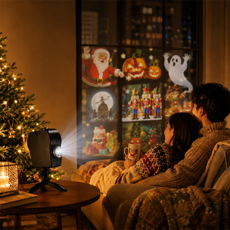 🎃🎄 2-in-1 Holiday Window Projector – 12 Animated Halloween & Christmas Movies